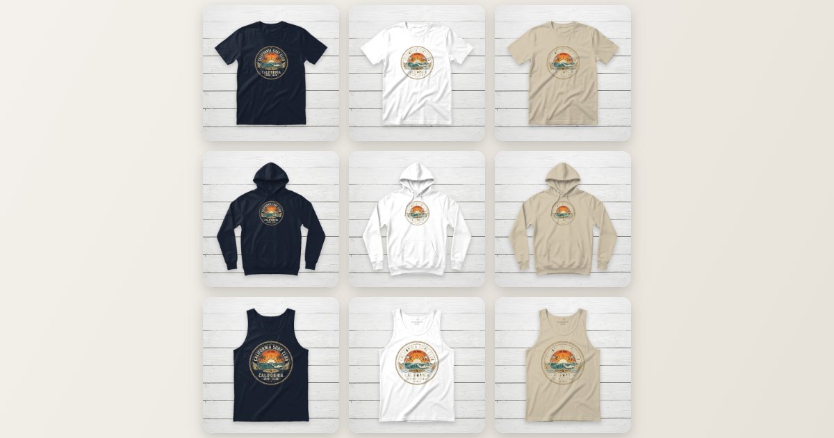 Nine t-shirt mockups from one batch export: the same surf design on crewnecks, hoodies, and tank tops in navy, white, and sand