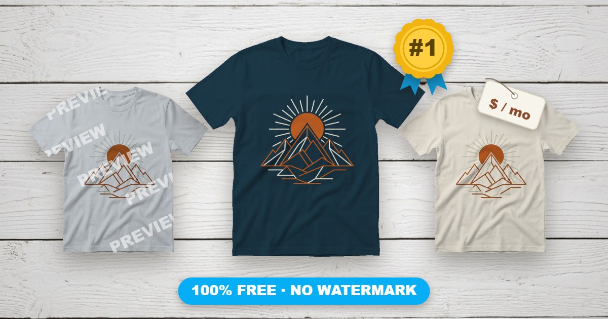 Three t-shirt mockups compared: watermarked, free winner with a rosette, and price-tagged