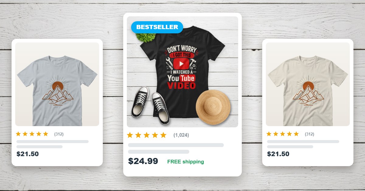 Marketplace search results with a bestseller t-shirt listing standing out in the center