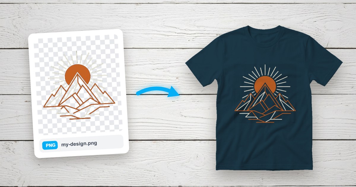 A transparent PNG design file being turned into a finished t-shirt mockup on a navy tee