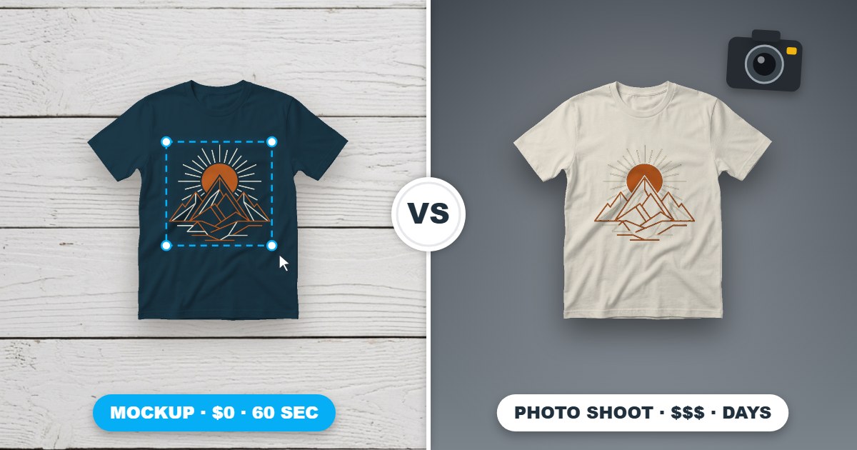 Split comparison of a digital t-shirt mockup versus a t-shirt on a studio photography backdrop