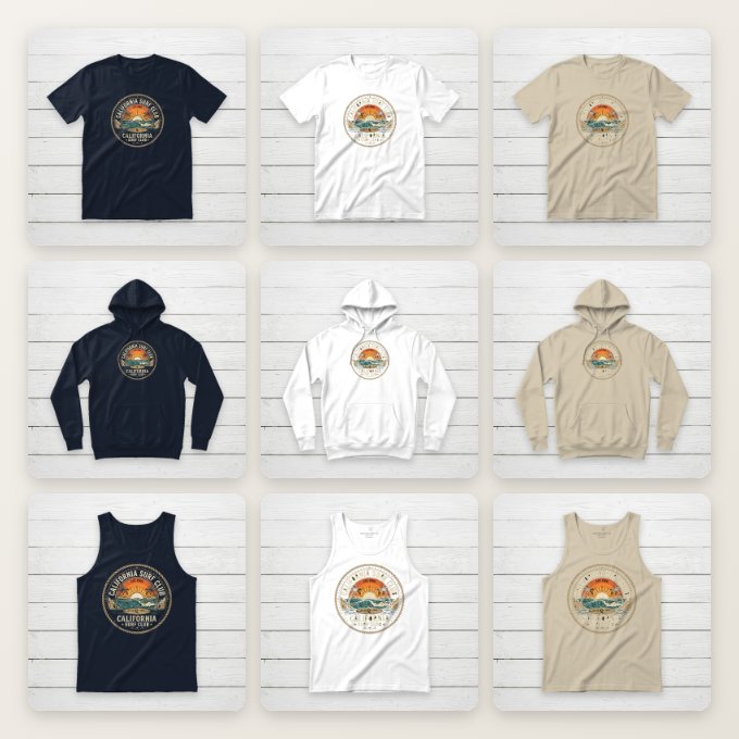 Nine t-shirt mockups from one bulk export: the same surf design on crewneck tees, hoodies, and tank tops in navy, white, and sand