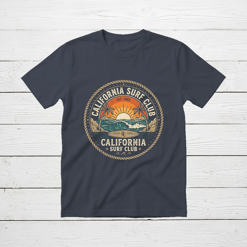 Free crewneck tee mockup with a sample design on a white wood background