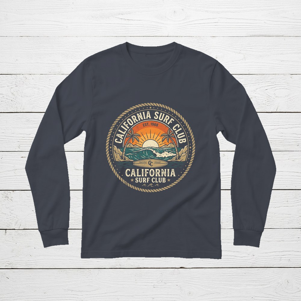 Free long sleeve shirt mockup with a sample design on a white wood background