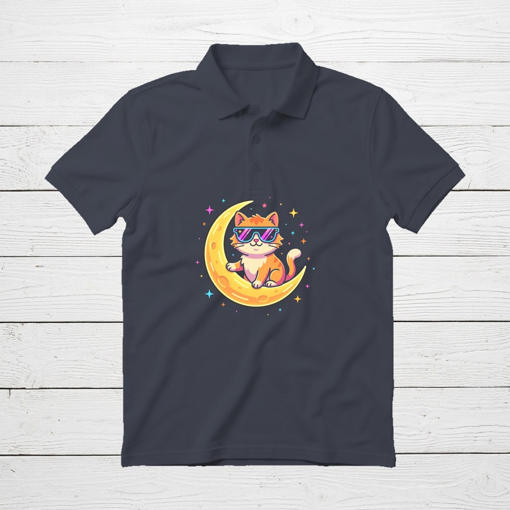 Free polo shirt mockup with a sample design on a white wood background
