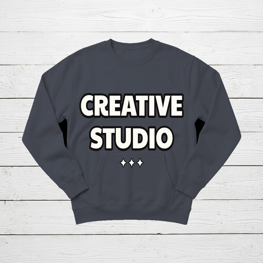 Free sweatshirt mockup with a sample design on a white wood background