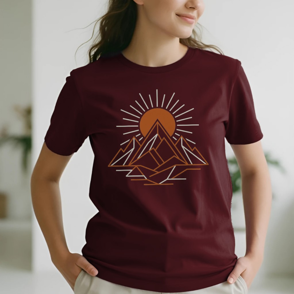 Minimal Mountain Sunrise T-Shirt Mockup on Model