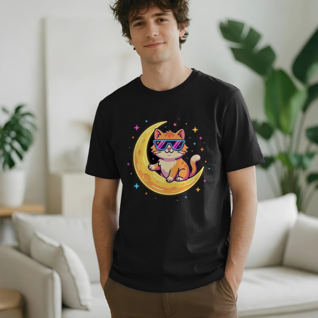 Cat on the Moon T-Shirt Mockup on Model