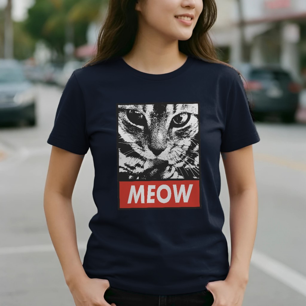 Meow Cat Poster T-Shirt Mockup on Model